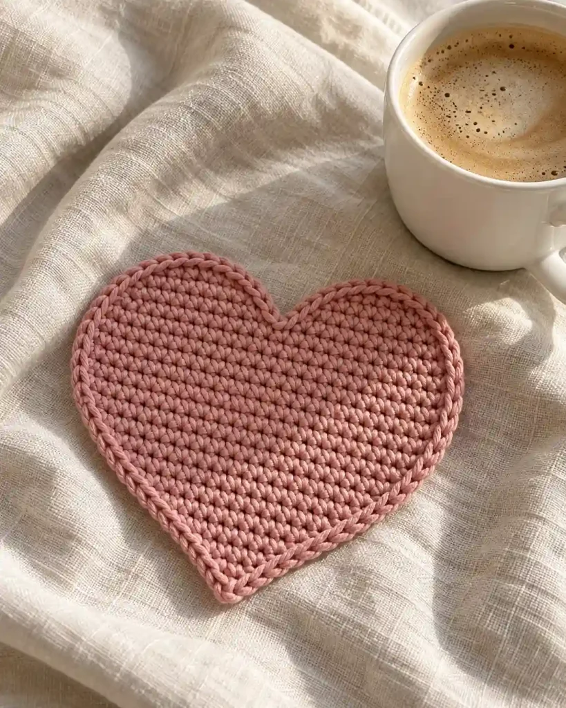 Crochet Heart Coaster Pattern in pink cotton