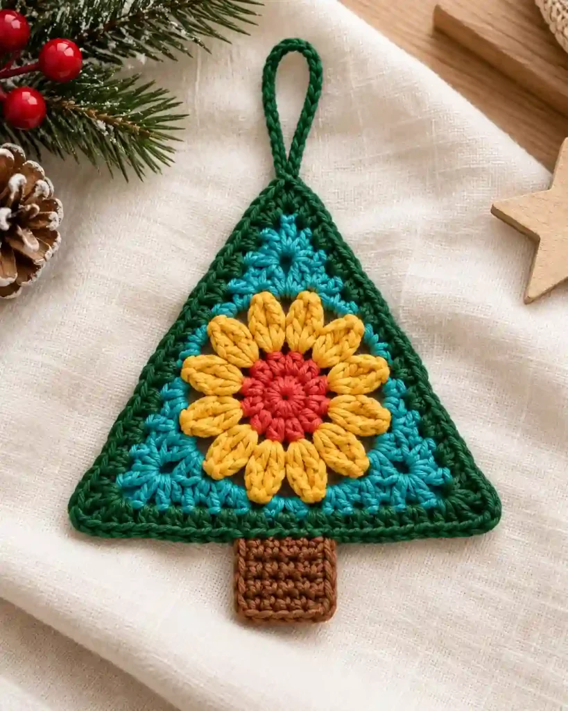 1 Crochet Christmas Tree Ornament Pattern with flower center