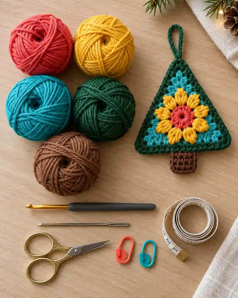 2 Crochet Christmas Tree Ornament Pattern materials and yarn