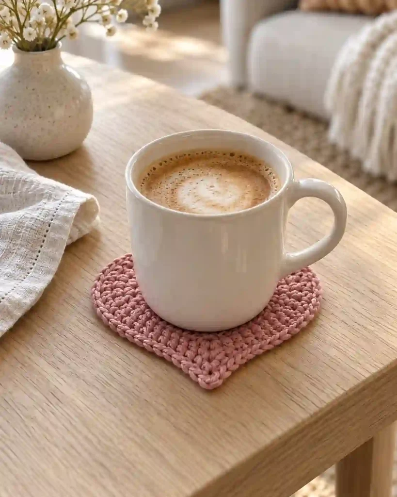 Crochet Heart Coaster Pattern with coffee mug