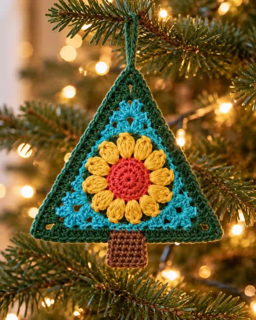 6 Crochet Christmas Tree Ornament Pattern hanging on Christmas tree