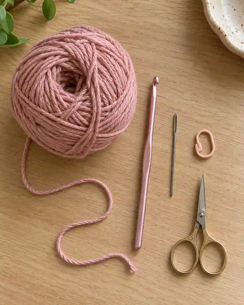 Cotton yarn, 4 mm crochet hook, yarn needle, scissors, and stitch marker for a crochet flower.