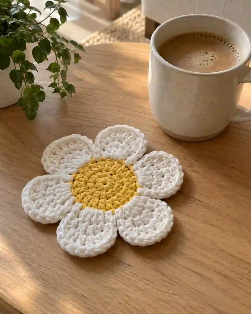 Crochet Flower Coaster Pattern with six white petals and yellow center