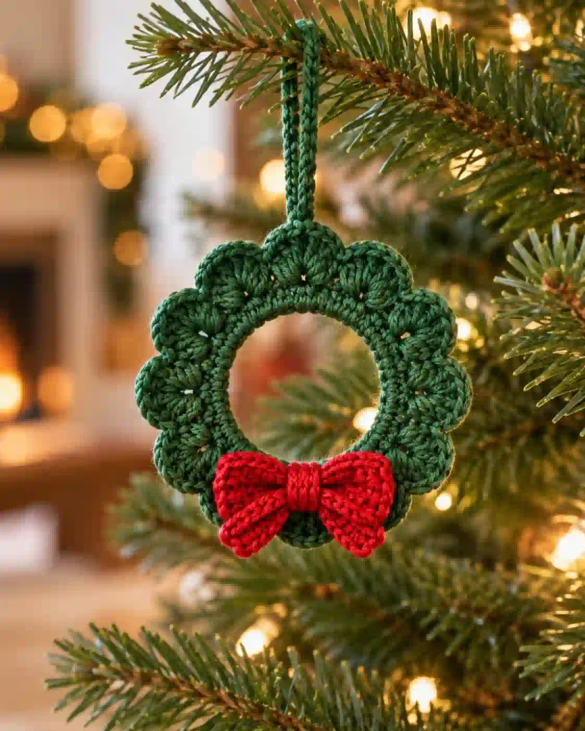 Crochet Mini Christmas Wreath Ornament Pattern finished ornament hanging on a Christmas tree.