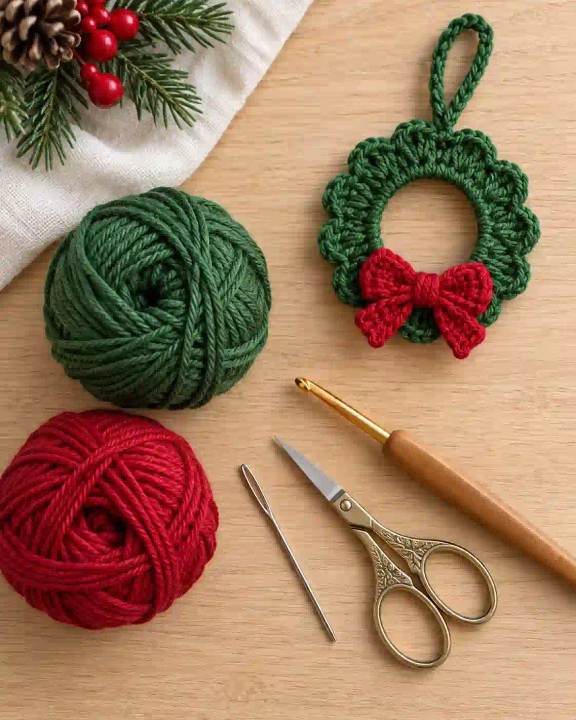 Crochet Mini Christmas Wreath Ornament Pattern supplies with green and red DK yarn, 3.5 mm hook, and scissors.