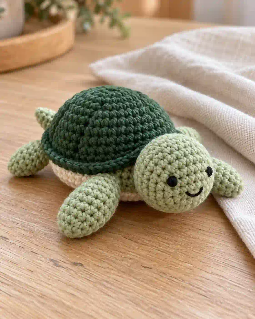 Mini Crochet Turtle Pattern finished green turtle amigurumi with rounde