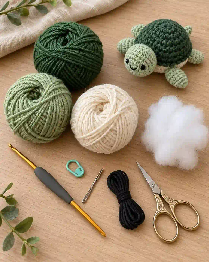 Mini Crochet Turtle Pattern materials including green and cream DK yarn