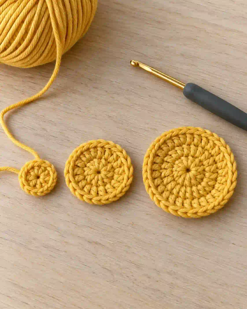 Yellow crochet flower coaster center worked in three circular rounds.
