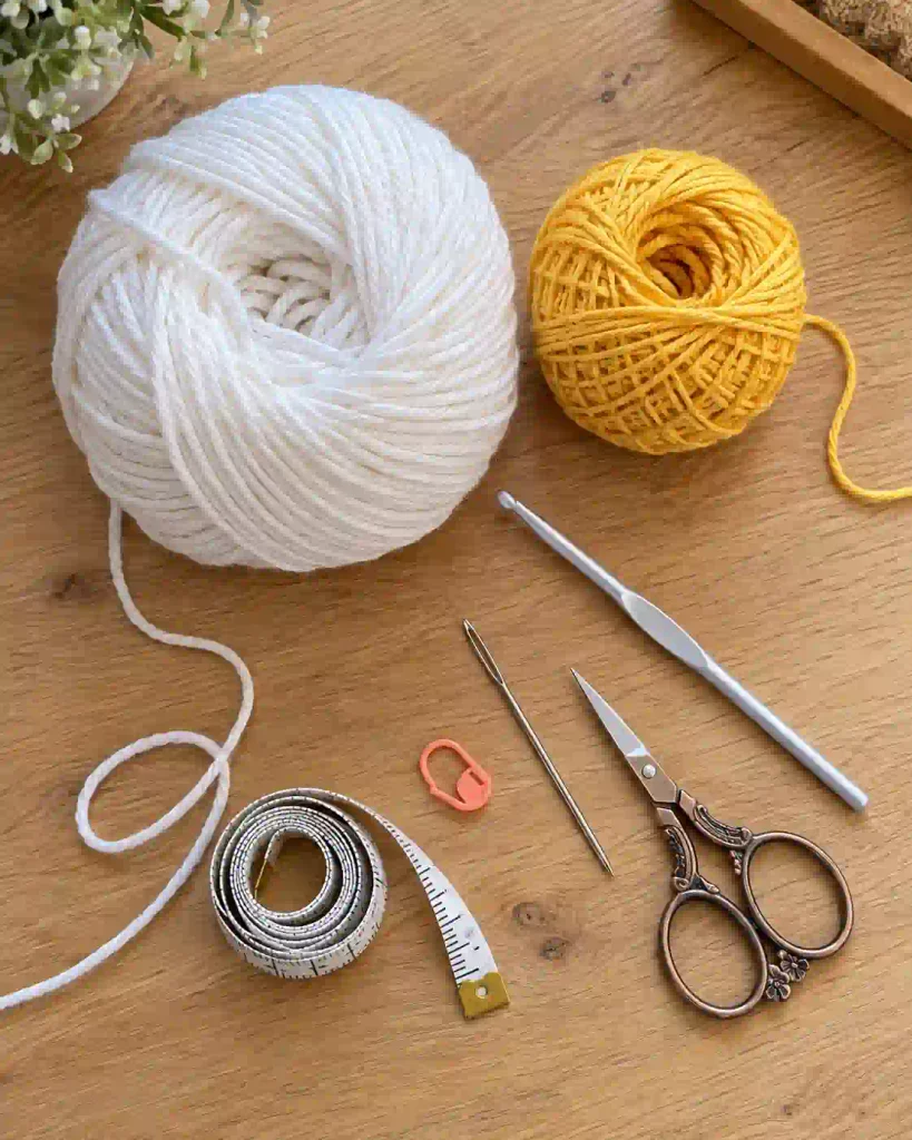 White and yellow cotton yarn, crochet hook and tools for a flower coaster