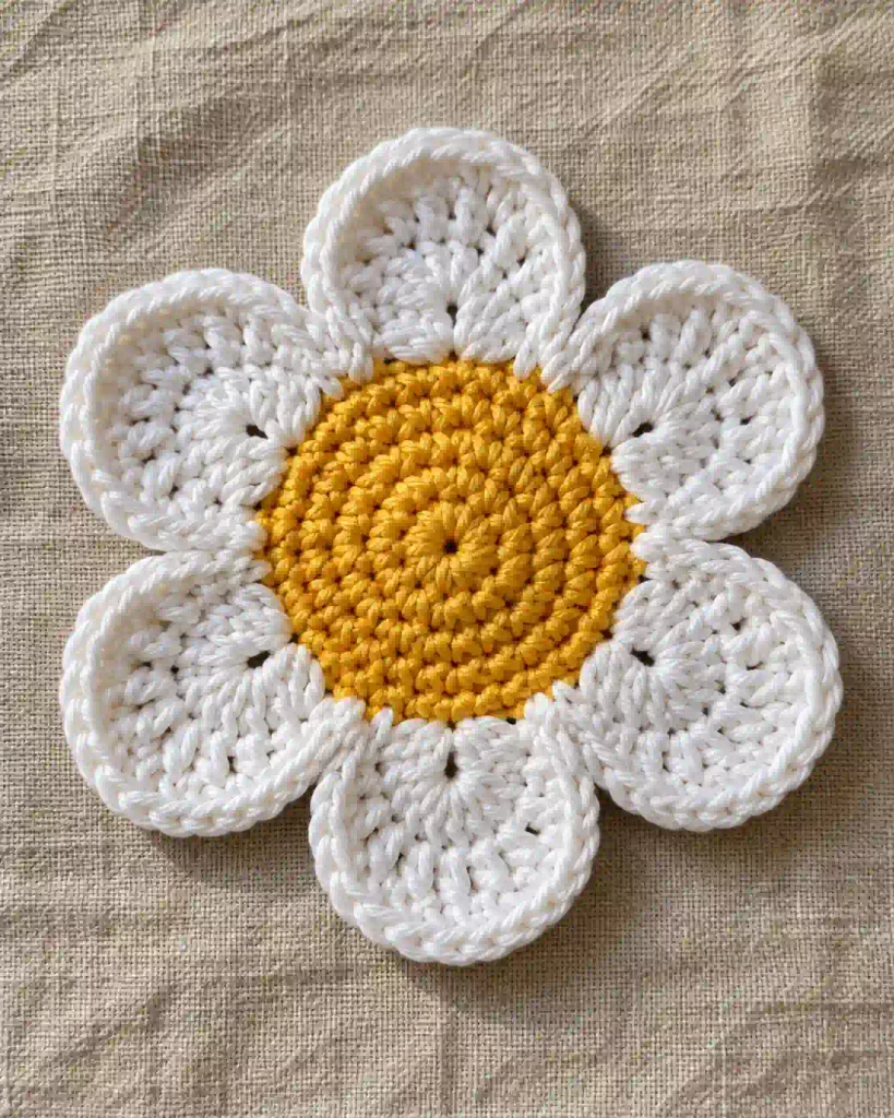 Finished six-petal crochet flower coaster lying flat after shaping.